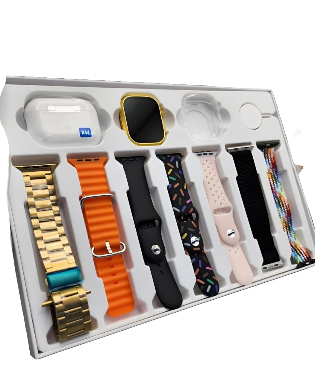 smartwatch with wireless earbuds and fitness straps