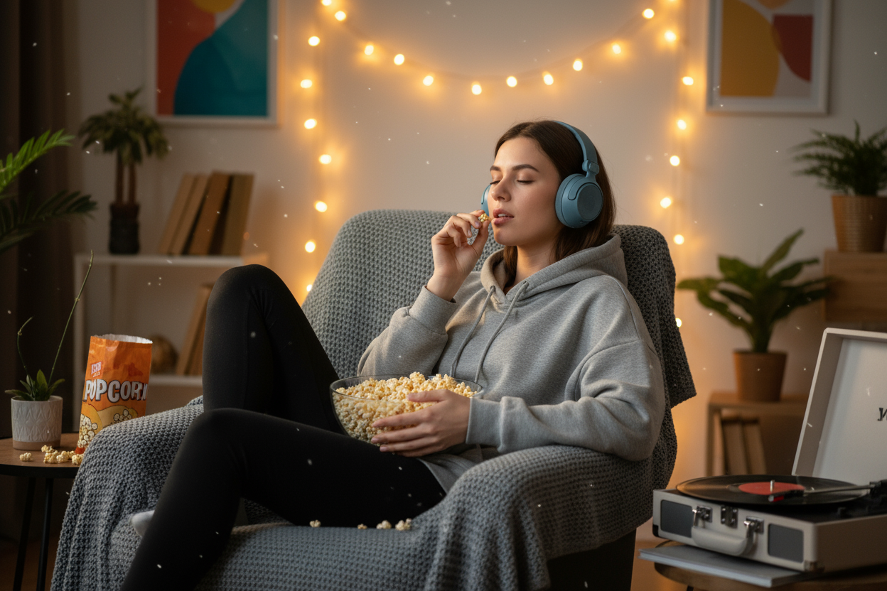 A girl hearing song with headphone and eating popcorn 